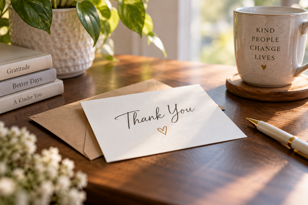 Thank-you card and envelope on a wooden table beside a mug, books, plant, and pen in warm sunlight.