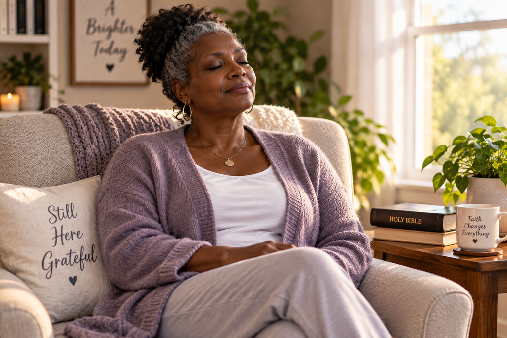 Mature woman sitting peacefully with her eyes closed in a sunlit room, with a Bible nearby.
